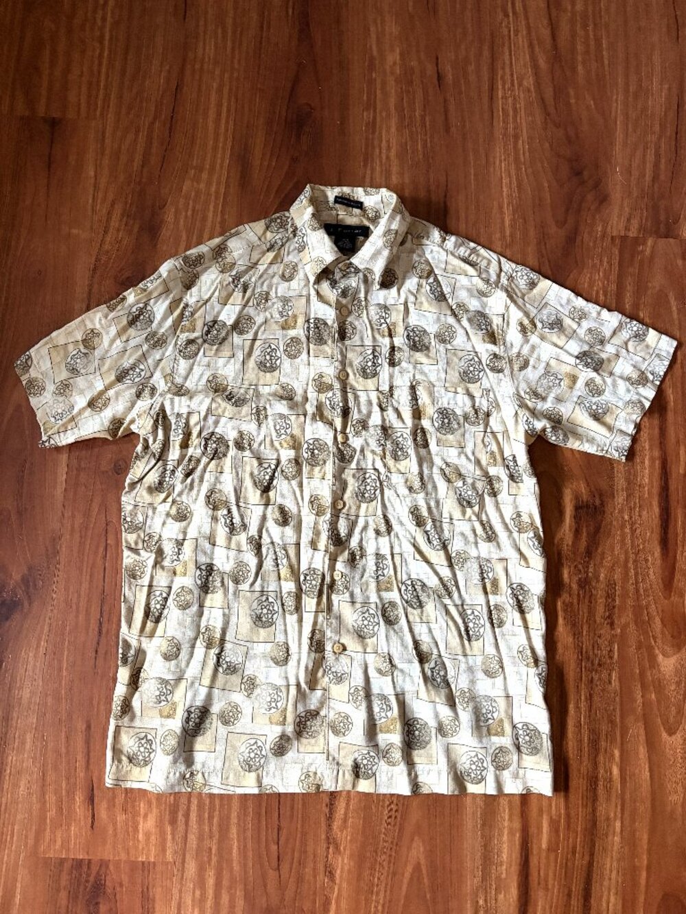 Vintage J. Ferrar rayon geometric medallion shirt earth tone camp size men's M